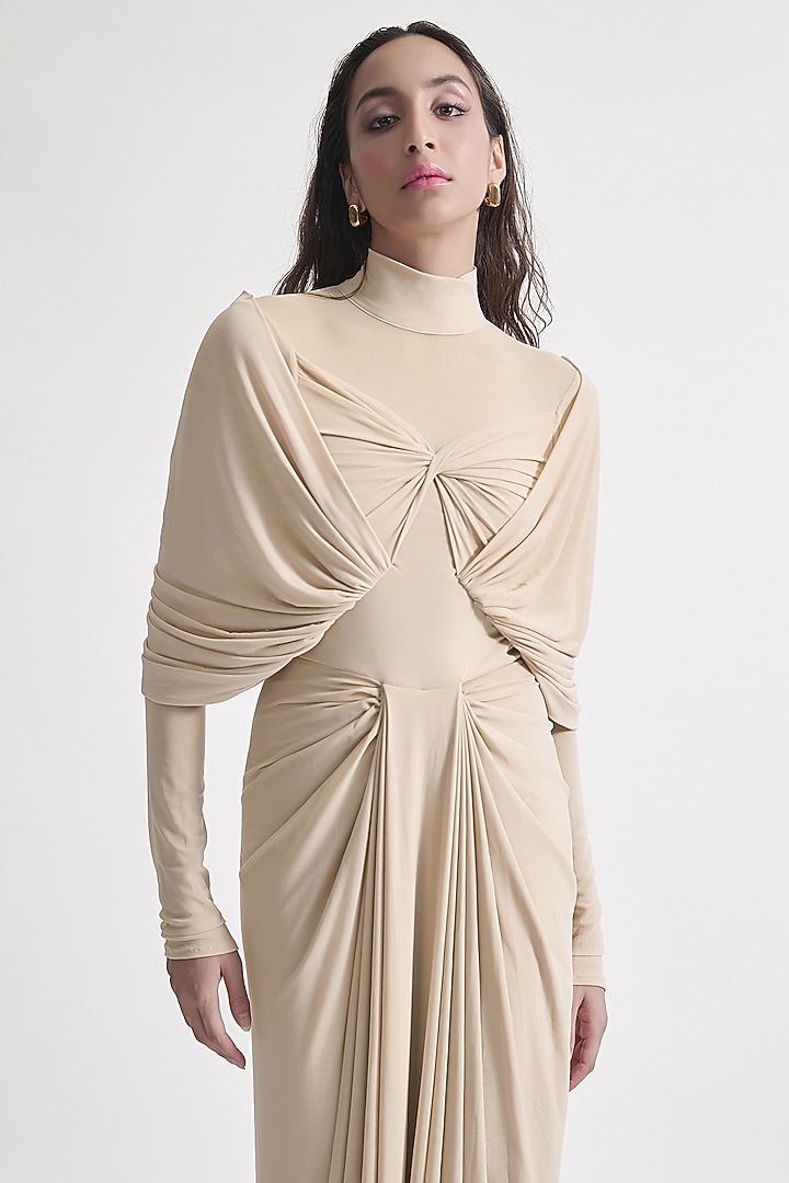 Chalk Beige Malai Lycra & Net Draped Cocktail Dress by Deme by Gabriella at Pernia's Pop Up Shop
