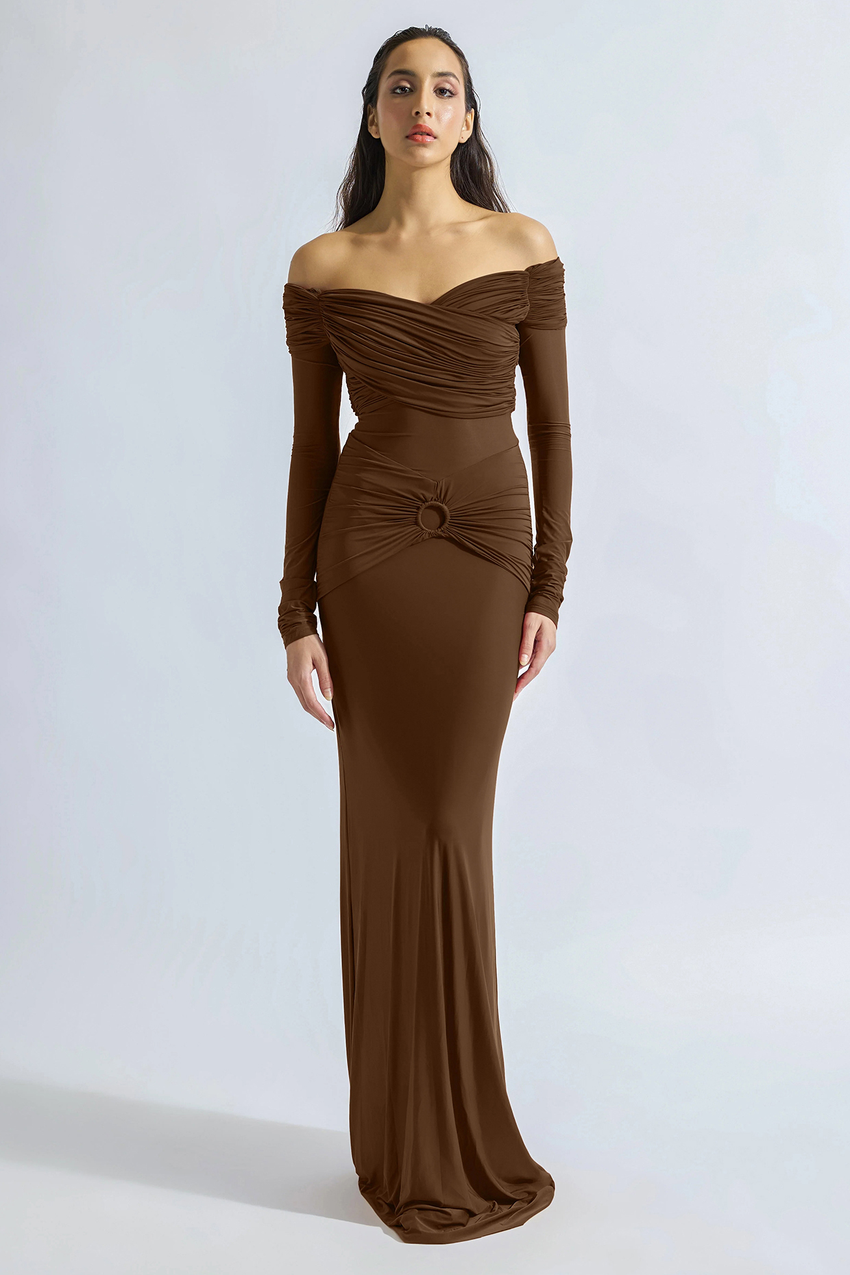 Brown Malai Lycra Off-Shoulder Draped Party Wear Gown by Deme by Gabriella at Pernia's Pop Up Shop