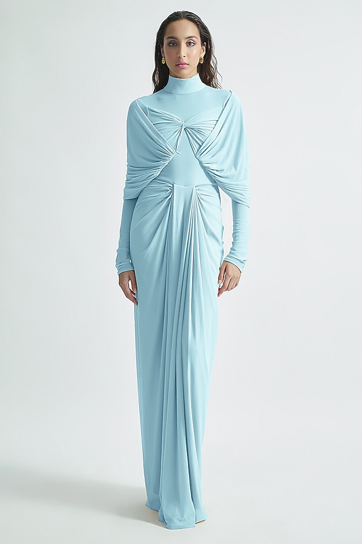 Baby Blue Malai Lycra & Net Draped Cocktail Dress by Deme by Gabriella at Pernia's Pop Up Shop