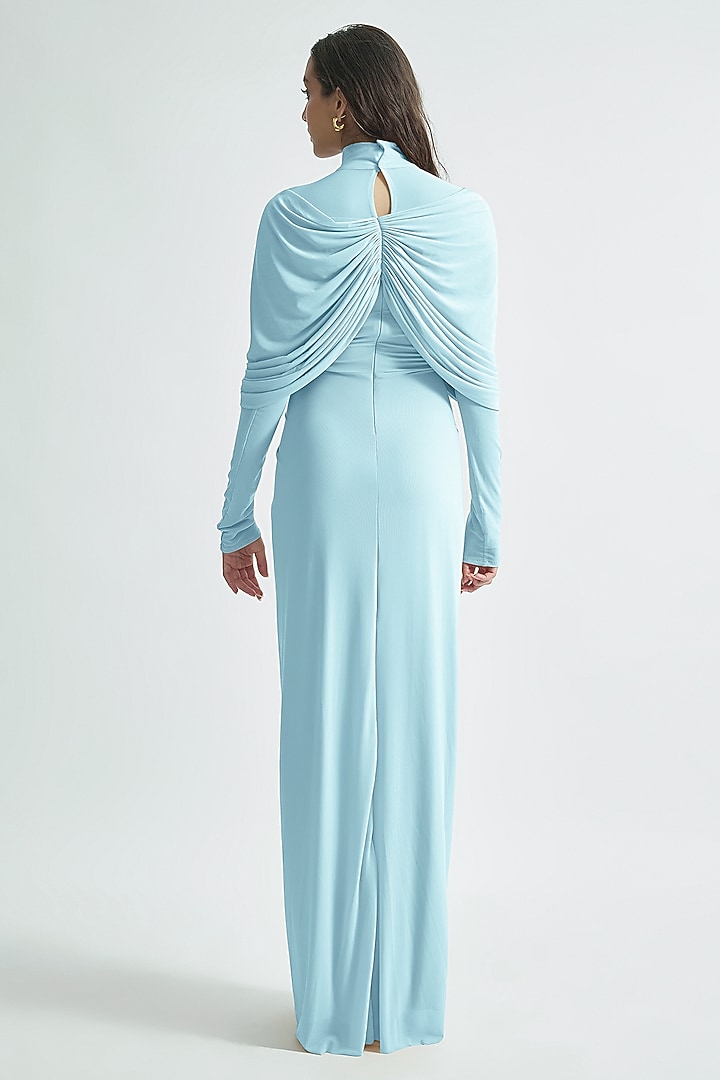 Baby Blue Malai Lycra & Net Draped Cocktail Dress by Deme by Gabriella at Pernia's Pop Up Shop