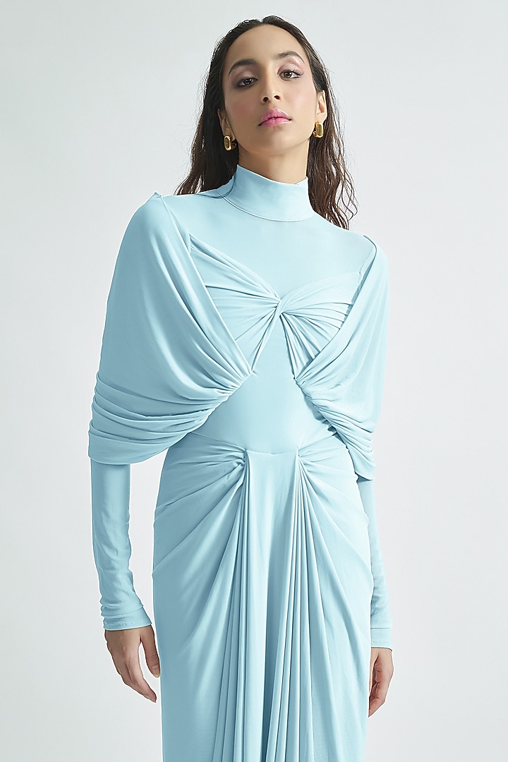 Baby Blue Malai Lycra & Net Draped Cocktail Dress by Deme by Gabriella at Pernia's Pop Up Shop