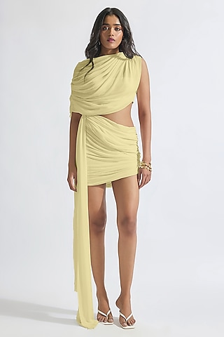 Yellow Malai Lycra & Net Draped Mini Dress by Deme by Gabriella