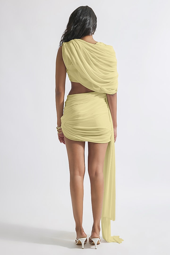 Yellow Malai Lycra & Net Draped Mini Vacation Dress by Deme by Gabriella at Pernia's Pop Up Shop