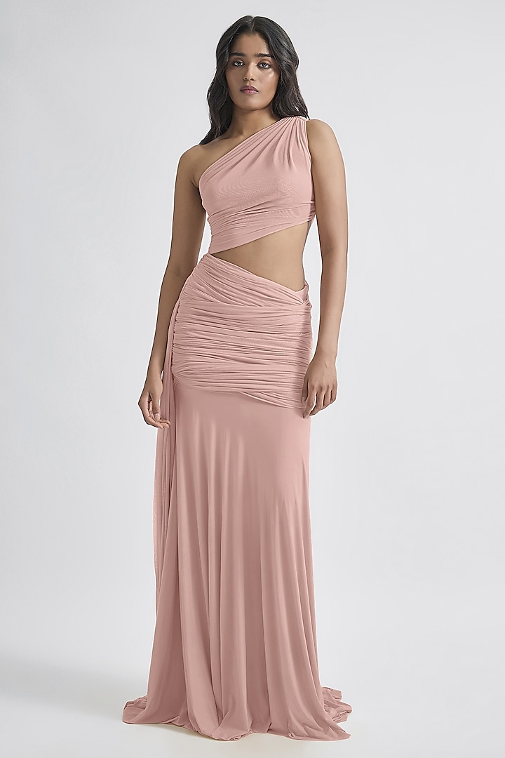 Pink Malai Lycra & Net One-Shoulder Draped Engagement Gown by Deme by Gabriella at Pernia's Pop Up Shop