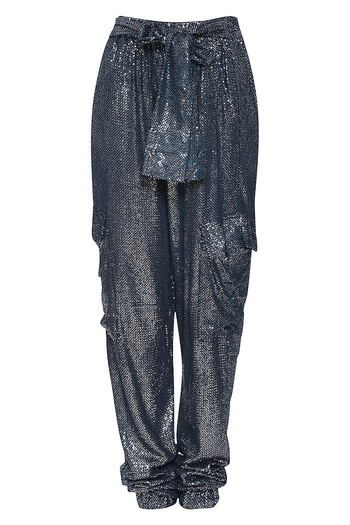 Navy Blue Sequins Jogger Pants by Deme by Gabriella