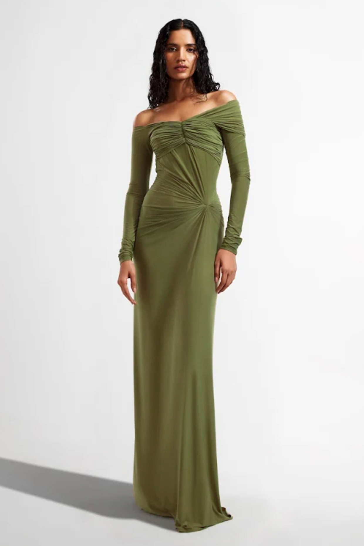Sage Green Off-Shoulder Draped Party Wear Gown by Deme by Gabriella at Pernia's Pop Up Shop