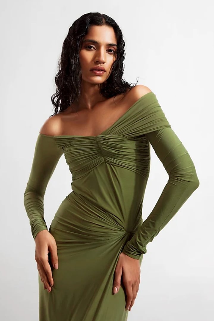 Sage Green Off-Shoulder Draped Engagement Gown by Deme by Gabriella at Pernia's Pop Up Shop