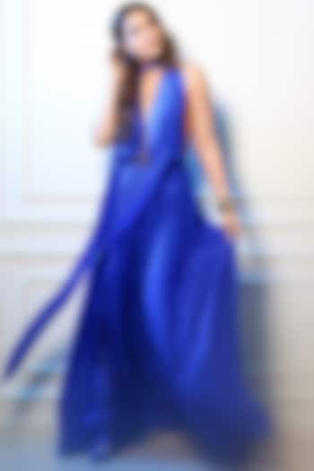 Electric Blue Chiffon Backless Party Wear Gown by Deme by Gabriella at Pernia's Pop Up Shop