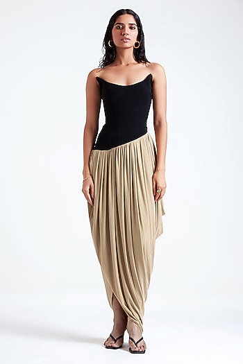 Black & Beige Malai Lycra Asymmetrical Engagement Gown by Deme by Gabriella at Pernia's Pop Up Shop
