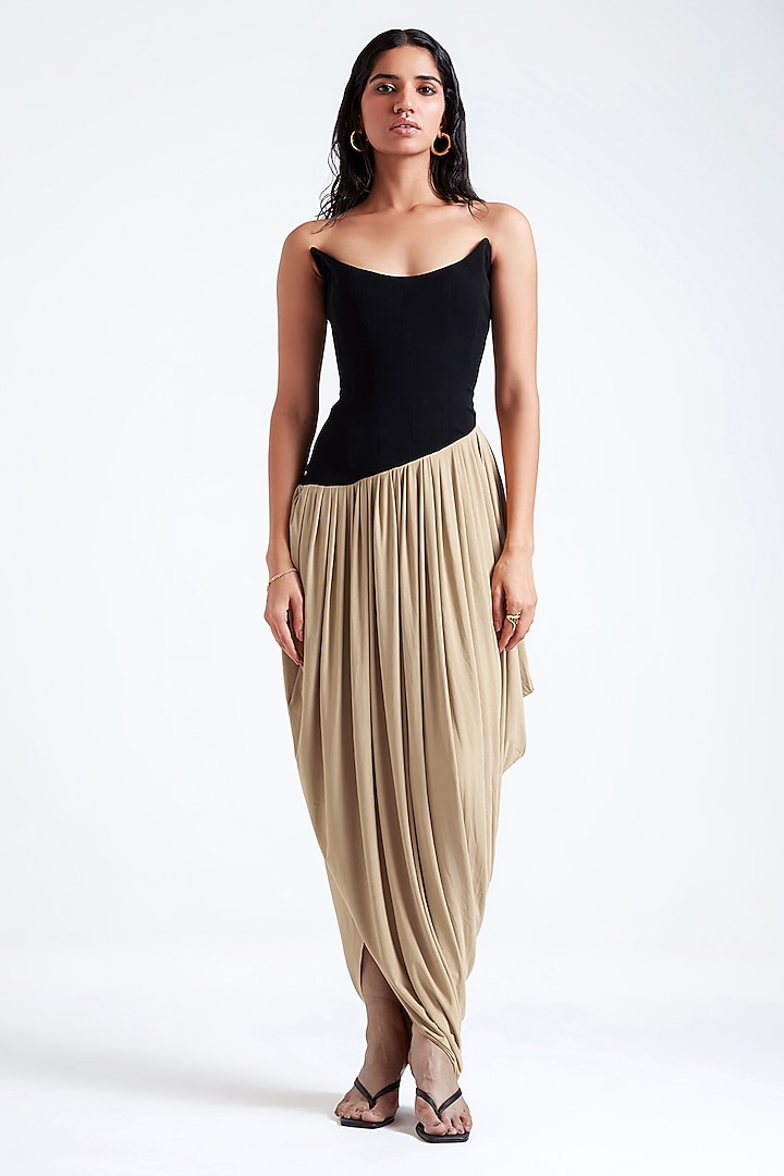 Black & Beige Malai Lycra Asymmetrical Engagement Gown by Deme by Gabriella at Pernia's Pop Up Shop