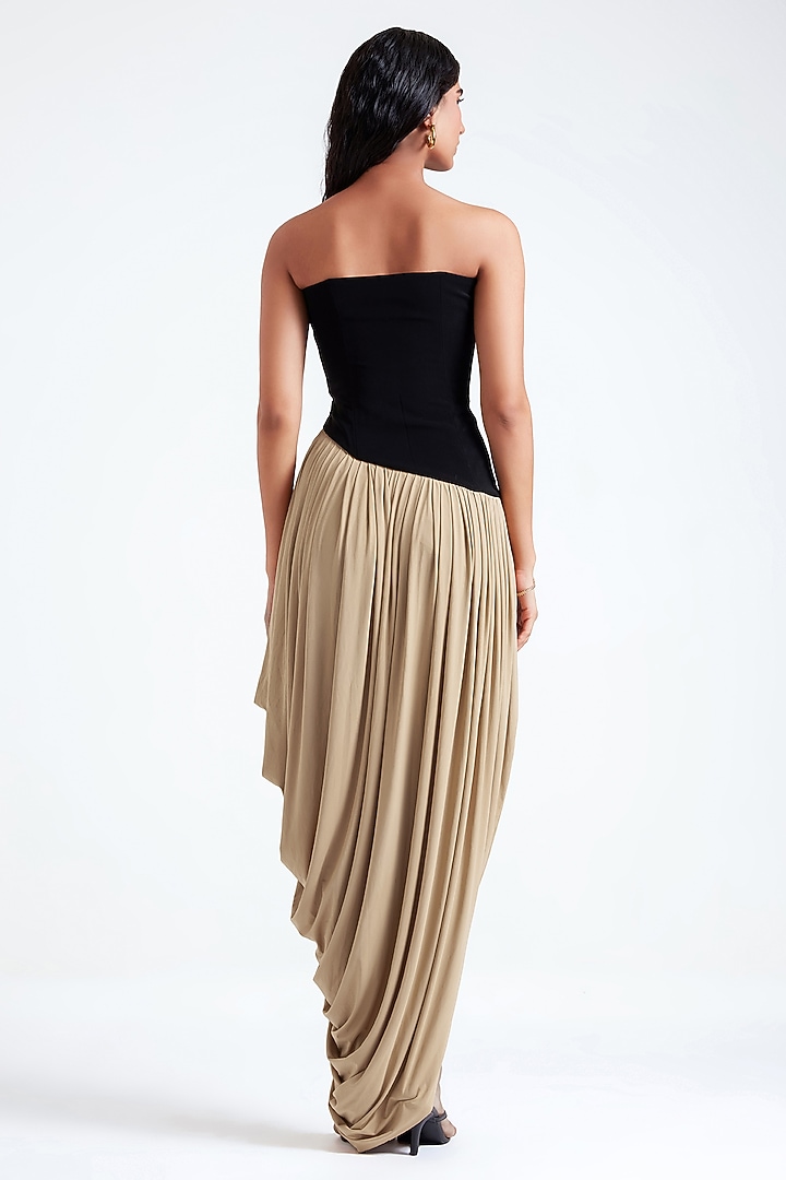 Black & Beige Malai Lycra Asymmetrical Engagement Gown by Deme by Gabriella at Pernia's Pop Up Shop