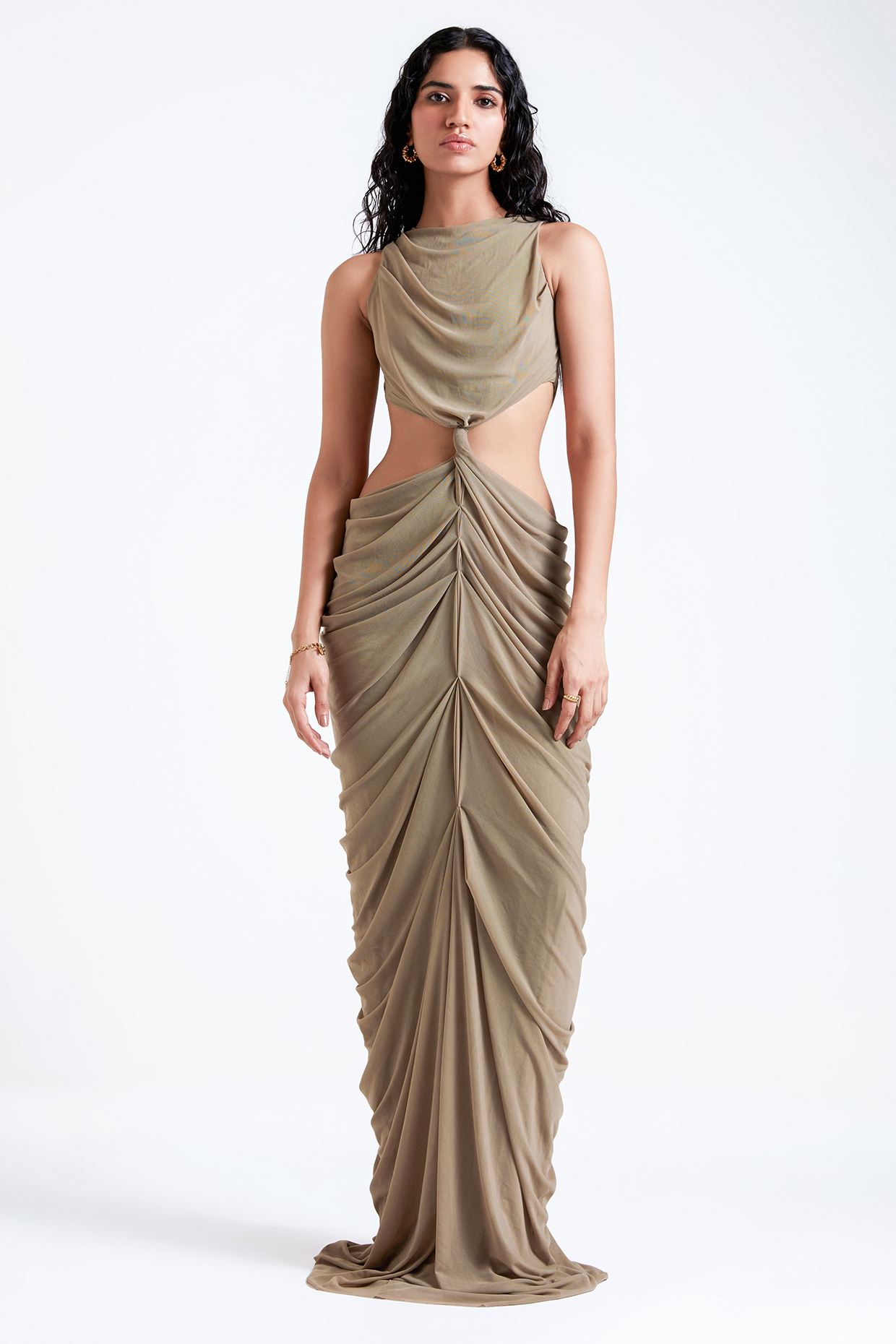 French Grey Malai Lycra & Net Draped Party Wear Gown by Deme by Gabriella at Pernia's Pop Up Shop