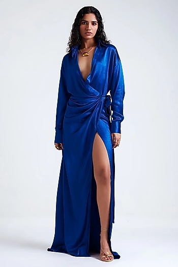 Electric Blue Heavy Satin Wrap-Style Engagement Gown by Deme by Gabriella at Pernia's Pop Up Shop