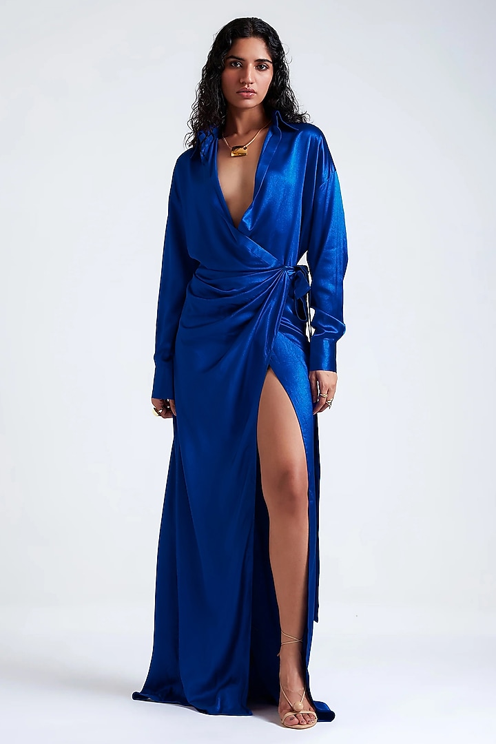 Electric Blue Heavy Satin Wrap-Style Engagement Gown by Deme by Gabriella at Pernia's Pop Up Shop