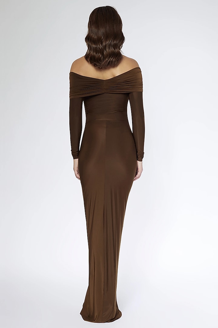 Chocolate Brown Malai Lycra Off-Shoulder Vacation Dress by Deme by Gabriella at Pernia's Pop Up Shop