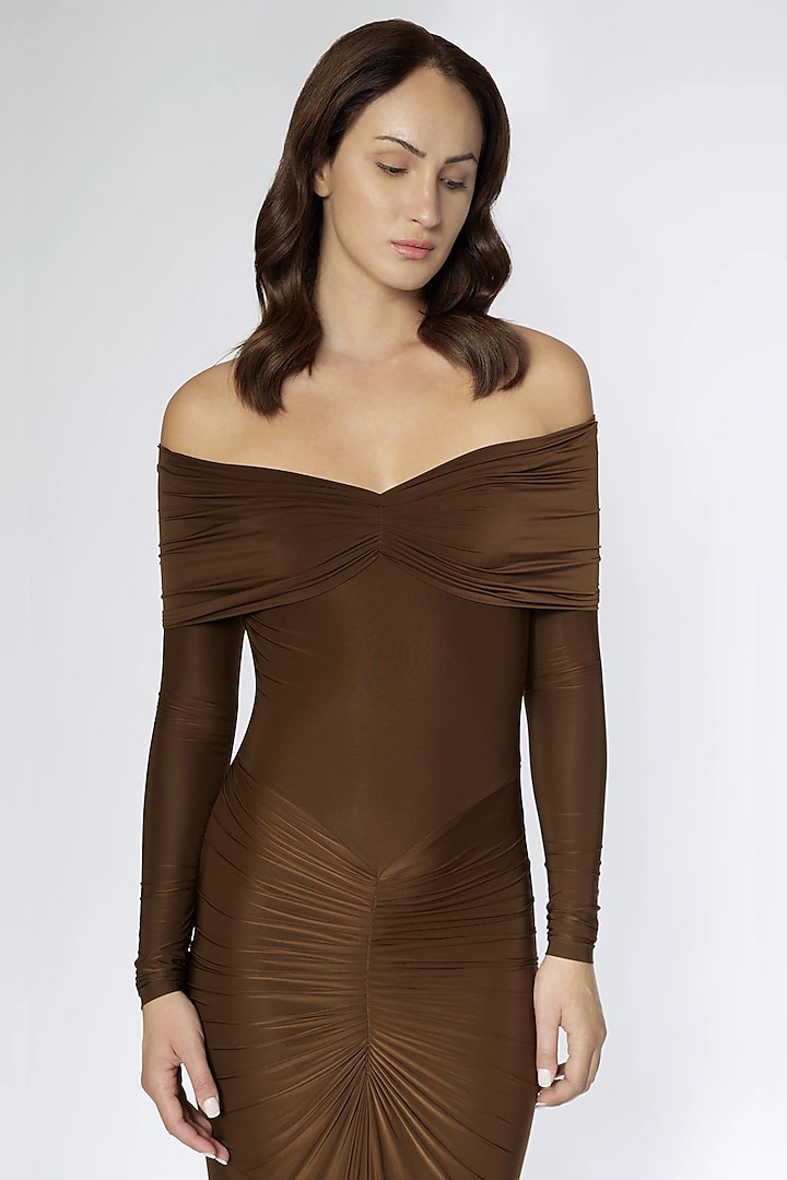 Chocolate Brown Malai Lycra Off-Shoulder Vacation Dress by Deme by Gabriella at Pernia's Pop Up Shop