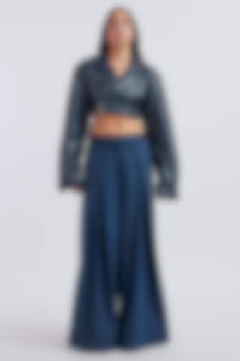 Navy Blue Leather & Suiting Cropped Jacket Set by Deme by Gabriella at Pernia's Pop Up Shop