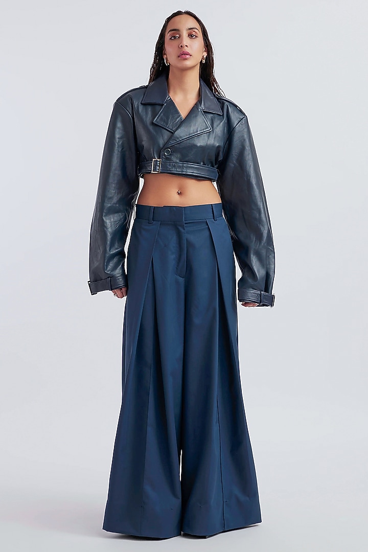 Navy Blue Leather & Suiting Cropped Jacket Set by Deme by Gabriella at Pernia's Pop Up Shop