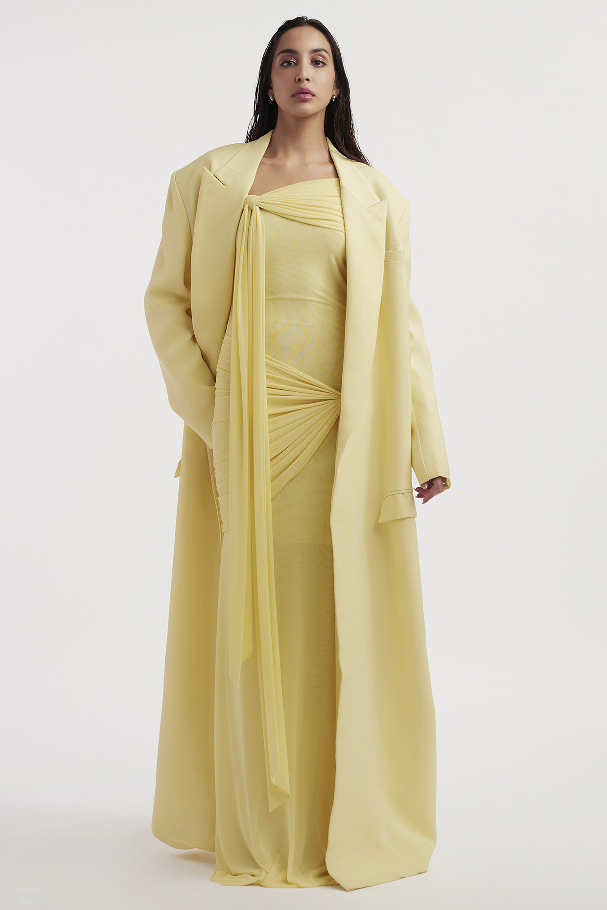Butter Yellow Malai Lycra & Net Off-Shoulder Party Wear Dress With Trench Coat by Deme by Gabriella at Pernia's Pop Up Shop