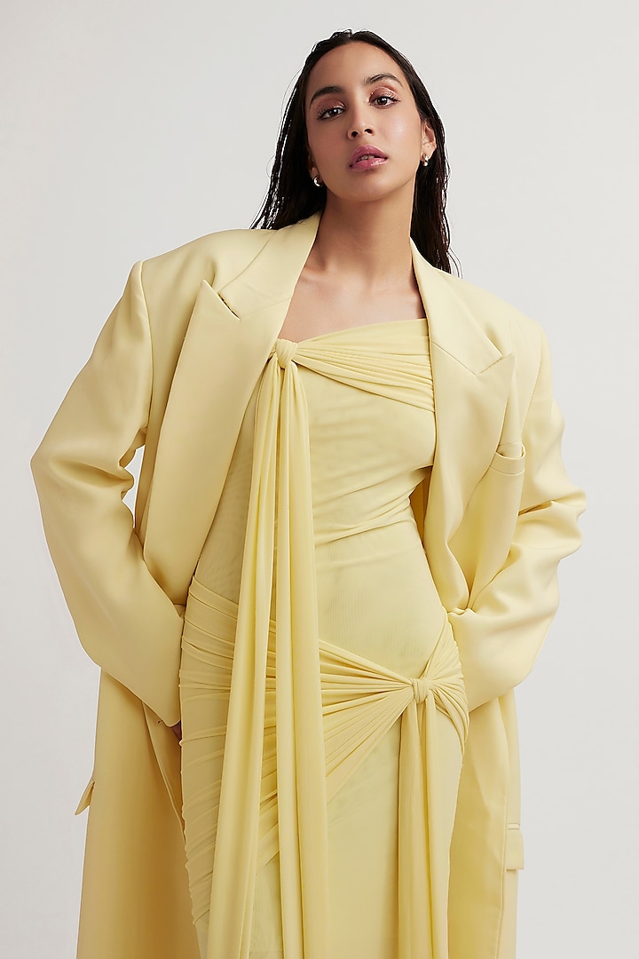 Butter Yellow Malai Lycra Net Off-Shoulder Dress With Trench