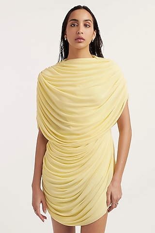 Butter Yellow Malai Lycra & Net Draped Dress by Deme by Gabriella