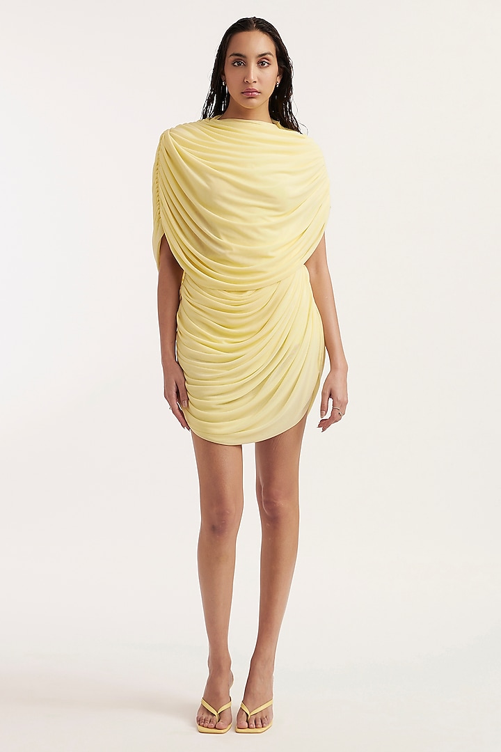 Butter Yellow Malai Lycra & Net Draped Vacation Dress by Deme by Gabriella at Pernia's Pop Up Shop