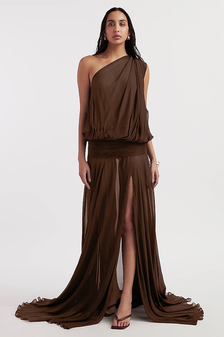 Chocolate Brown Chiffon One-Shoulder Party Wear Gown by Deme by Gabriella at Pernia's Pop Up Shop