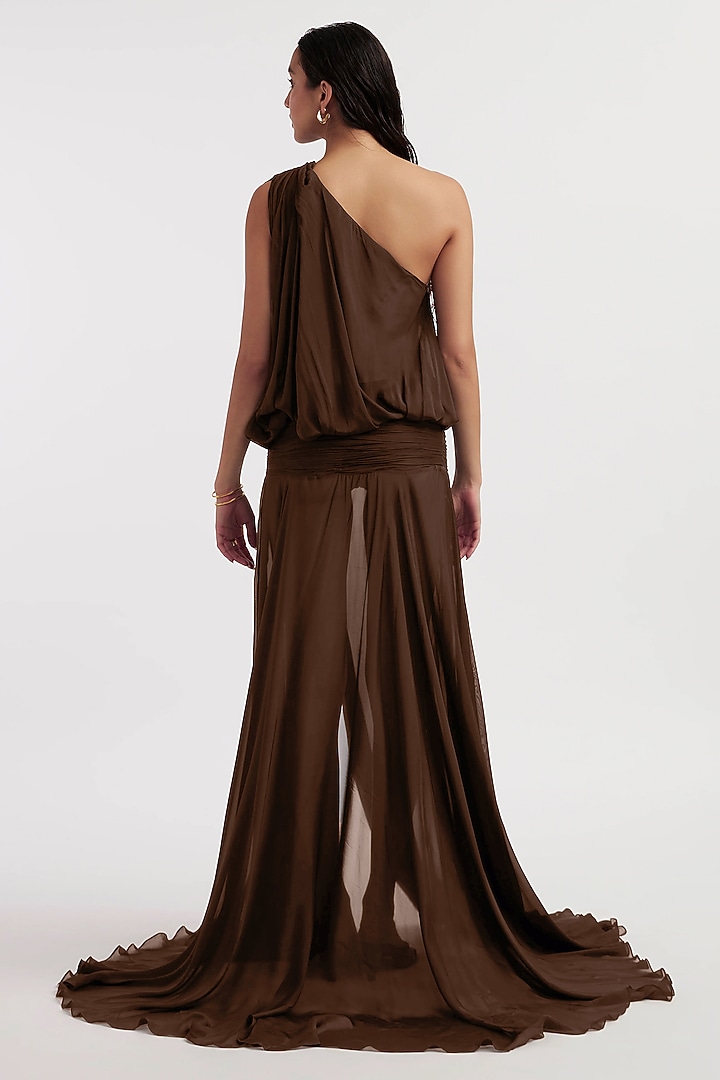 Chocolate Brown Chiffon One-Shoulder Party Wear Gown by Deme by Gabriella at Pernia's Pop Up Shop