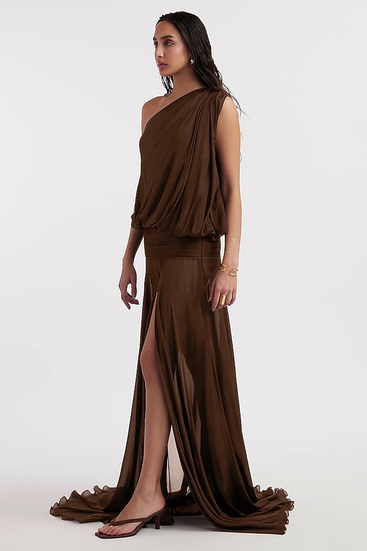 Chocolate Brown Chiffon One-Shoulder Party Wear Gown by Deme by Gabriella at Pernia's Pop Up Shop