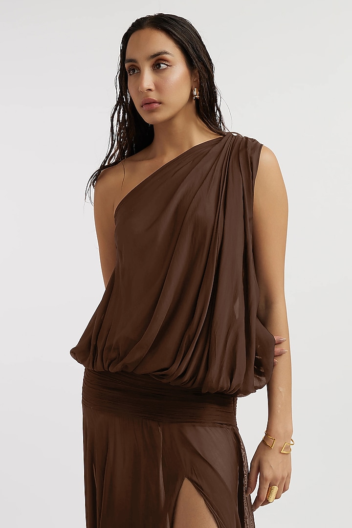 Chocolate Brown Chiffon One-Shoulder Party Wear Gown by Deme by Gabriella at Pernia's Pop Up Shop