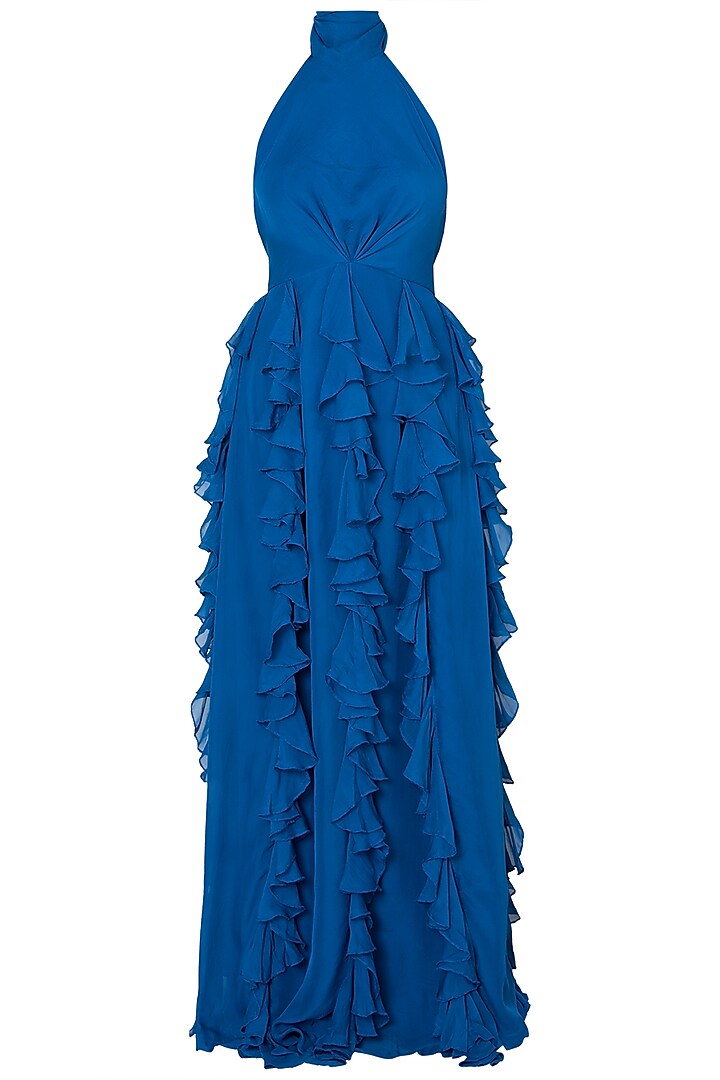 Blue ruffled gown by DEME BY GABRIELLA