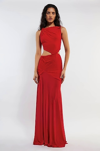Red Net Ruched Maxi Dress by Deme by Gabriella