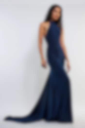 Navy Blue Malai Lycra Ruched Maxi Cocktail Dress by Deme by Gabriella at Pernia's Pop Up Shop