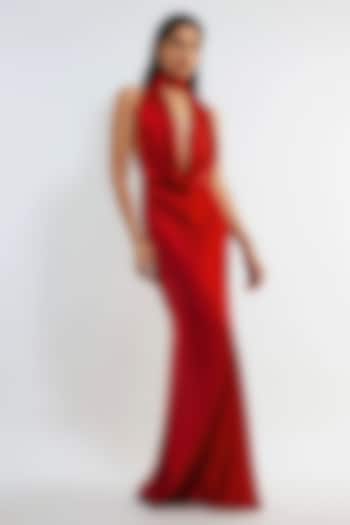 Red Satin Backless Maxi Cocktail Dress by Deme by Gabriella at Pernia's Pop Up Shop