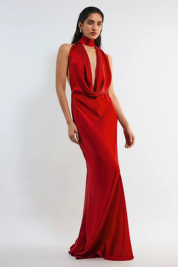 Red Satin Backless Maxi Cocktail Dress by Deme by Gabriella at Pernia's Pop Up Shop