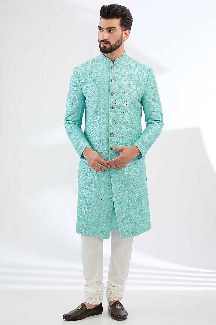Blue Silk Groom Sherwani Set by Divyam Mehta Men at Pernia's Pop Up Shop