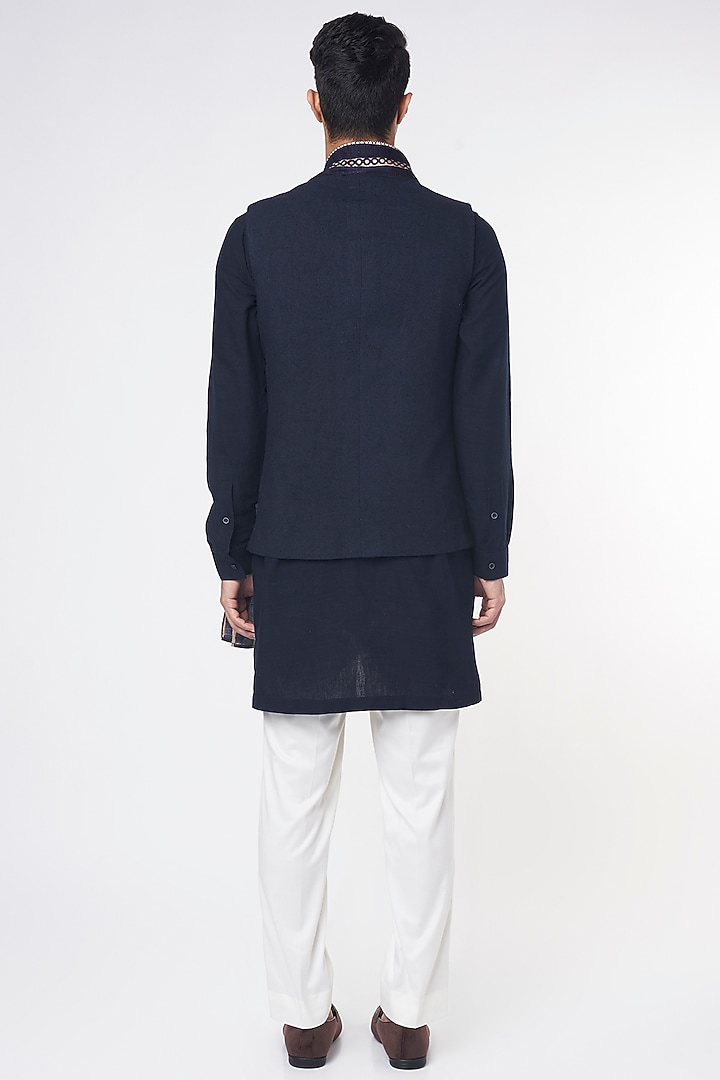 Blue Silk Nehru Jacket Set by Divyam Mehta Men at Pernia's Pop Up Shop