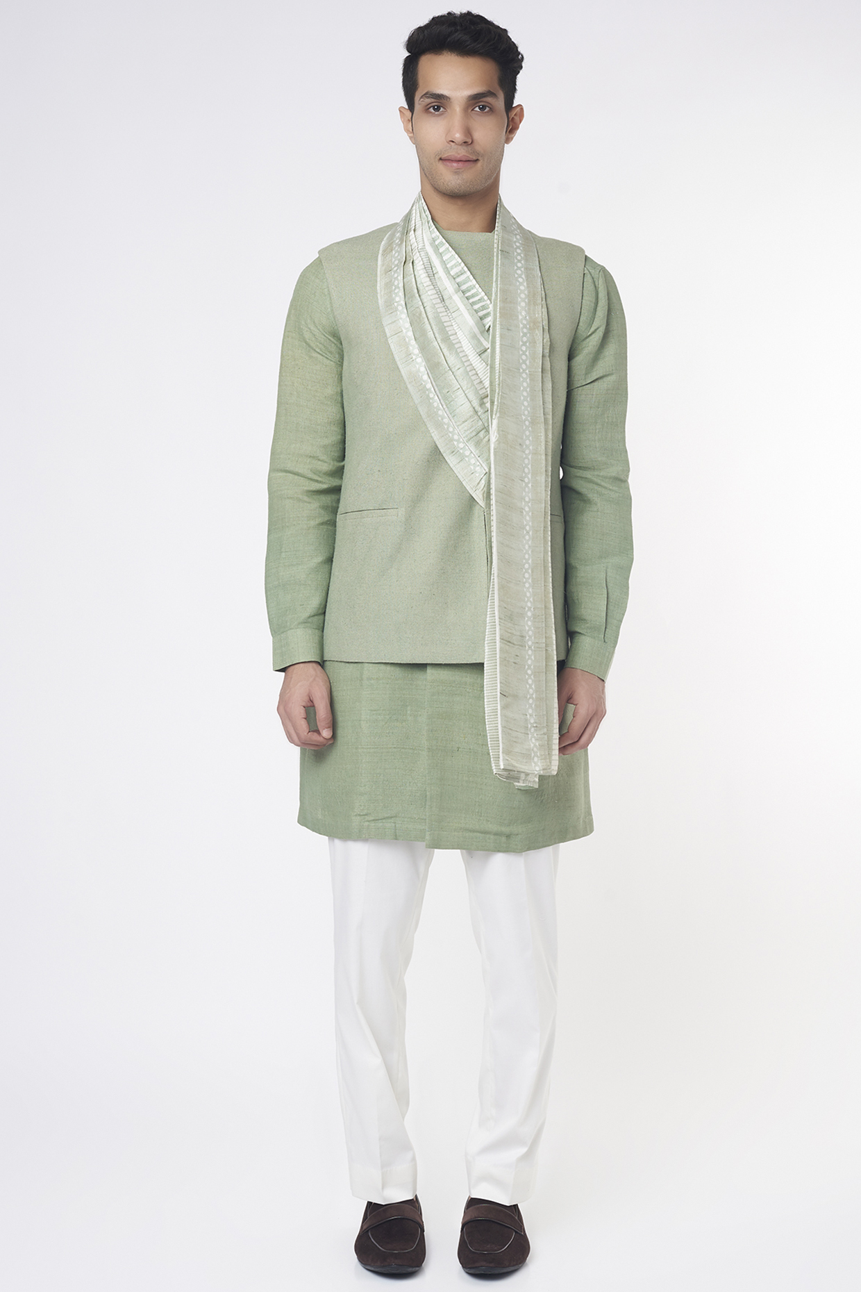 Sauf Green Silk Nehru Jacket Set by Divyam Mehta Men at Pernia's Pop Up Shop
