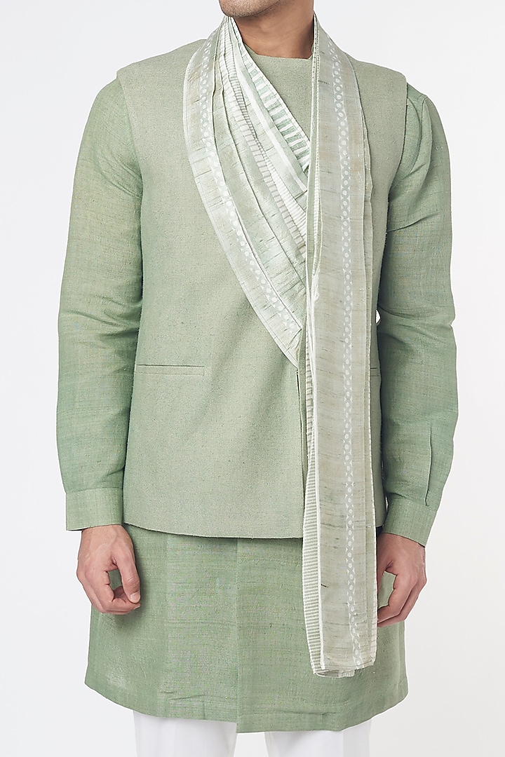 Sauf Green Silk Nehru Jacket Set by Divyam Mehta Men at Pernia's Pop Up Shop