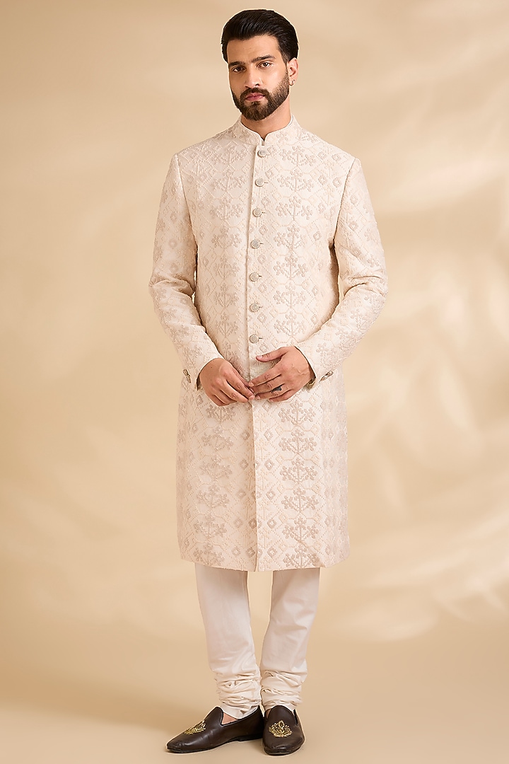 Vanilla White Raw Silk Embroidered Groom Sherwani Set by Divyam Mehta Men at Pernia's Pop Up Shop