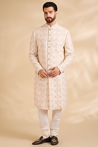 Vanilla White Raw Silk Embroidered Sherwani Set by Divyam Mehta Men