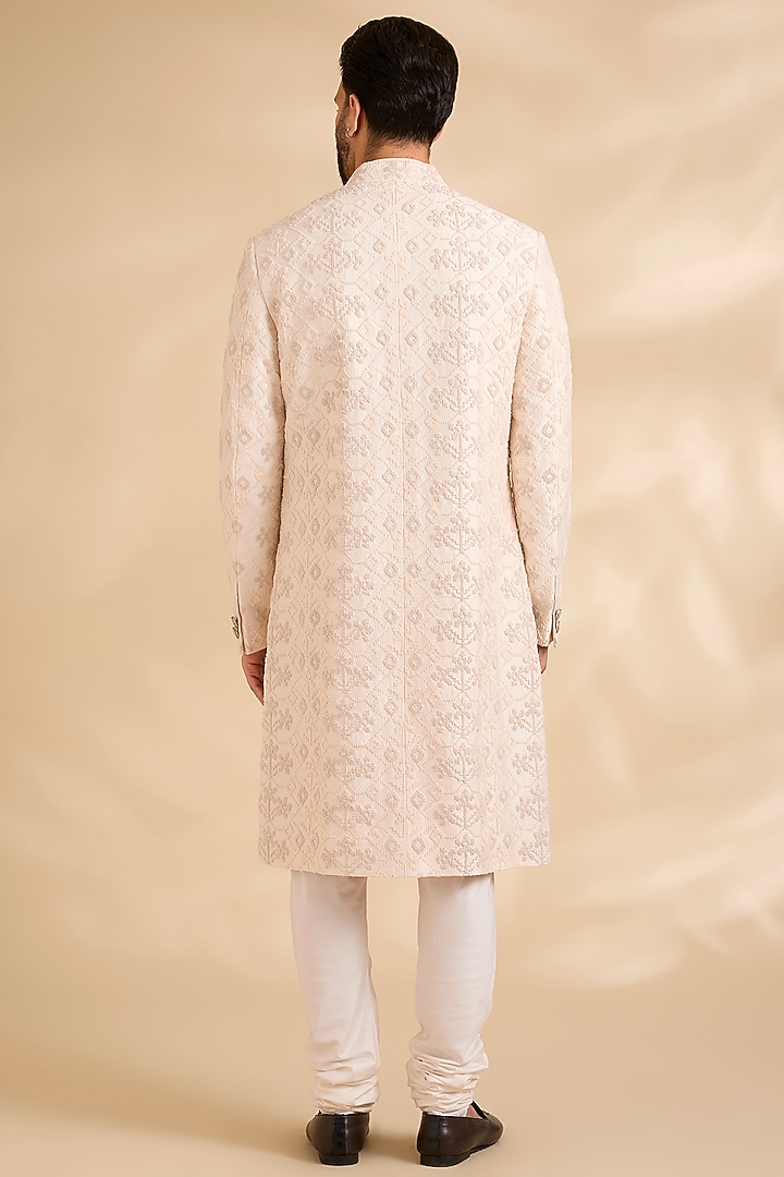 Vanilla White Raw Silk Embroidered Groom Sherwani Set by Divyam Mehta Men at Pernia's Pop Up Shop