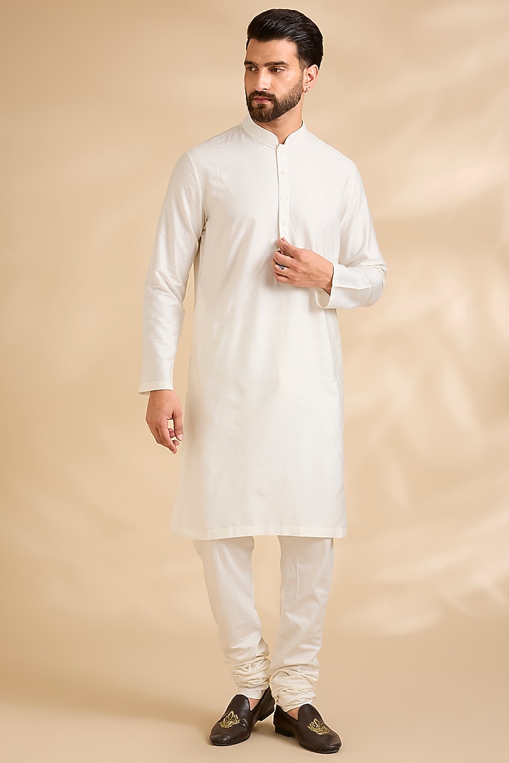 Vanilla White Raw Silk Embroidered Groom Sherwani Set by Divyam Mehta Men at Pernia's Pop Up Shop