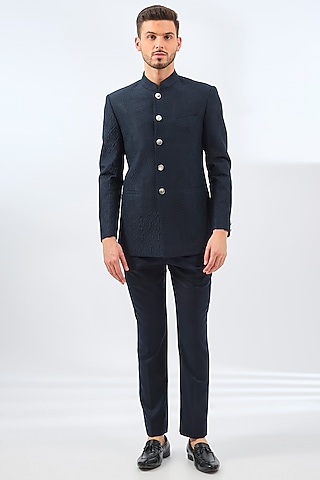 Blue Raw Silk Bandhgala Set by Divyam Mehta Men