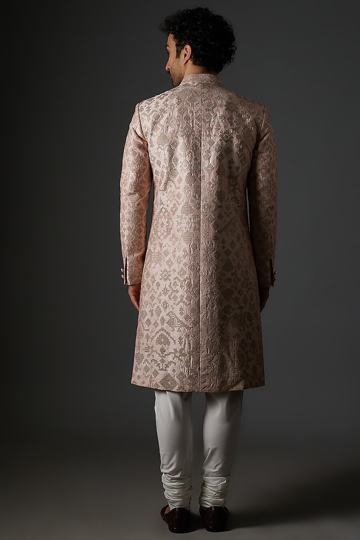 Oyster Pink Raw Silk Embroidered Groom Sherwani Set by Divyam Mehta Men at Pernia's Pop Up Shop
