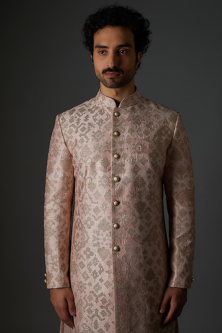 Oyster Pink Raw Silk Embroidered Groom Sherwani Set by Divyam Mehta Men at Pernia's Pop Up Shop