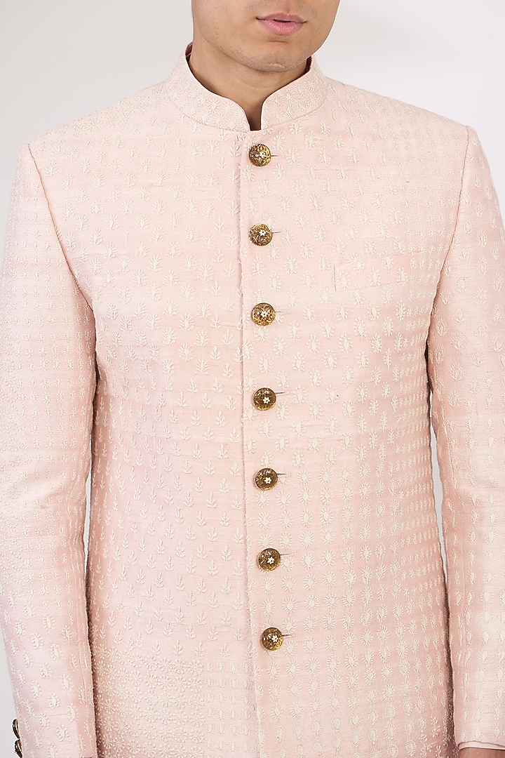 Pink Raw Silk Chikankari Embroidered Groom Sherwani Set by Divyam Mehta Men at Pernia's Pop Up Shop