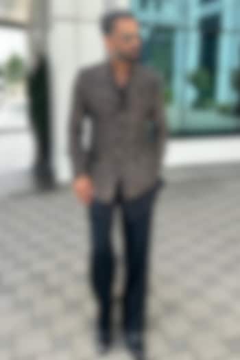 Navy Blue Silk Paisley Embroidered Groom Bandhgala Set by Divyam Mehta Men at Pernia's Pop Up Shop