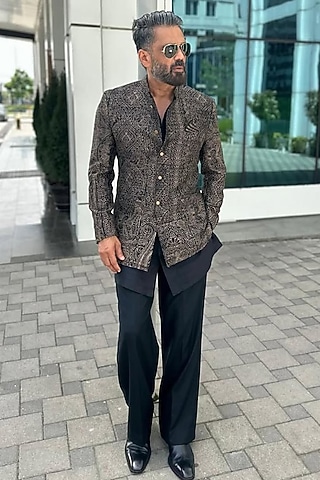 Navy Blue Silk Paisley Embroidered Bandhgala Set by Divyam Mehta Men