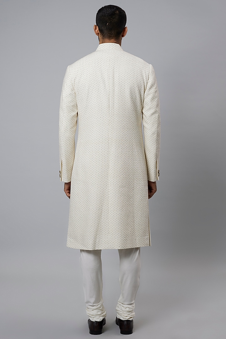 Ivory Raw Silk & Katan Silk Embroidered Groom Sherwani Set by Divyam Mehta Men at Pernia's Pop Up Shop